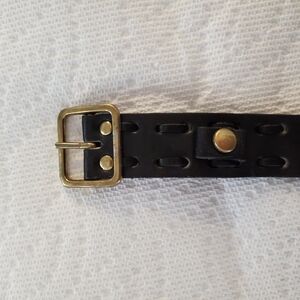 VTG Leather Strap Bracelet Black Watch Strap Gold Tone Buckle Snaps Biker
